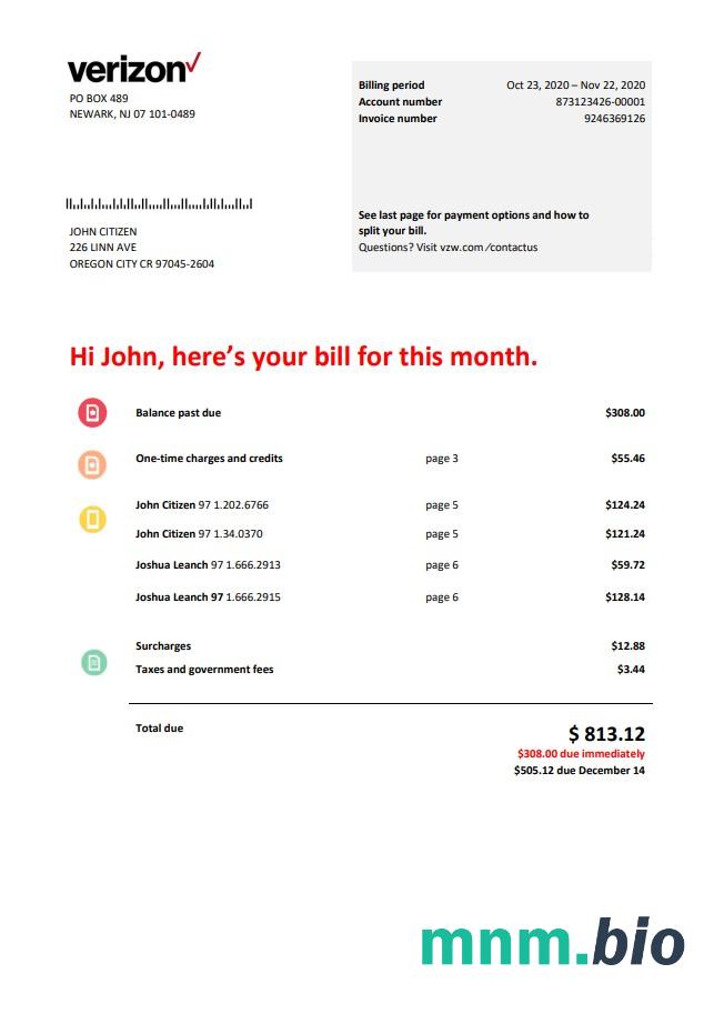 Szablon rachunku za media telekomunikacyjne w USA Verizon w formacie Word i PDF